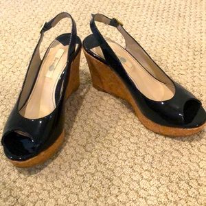 Boden patent leather sling back wedge heels